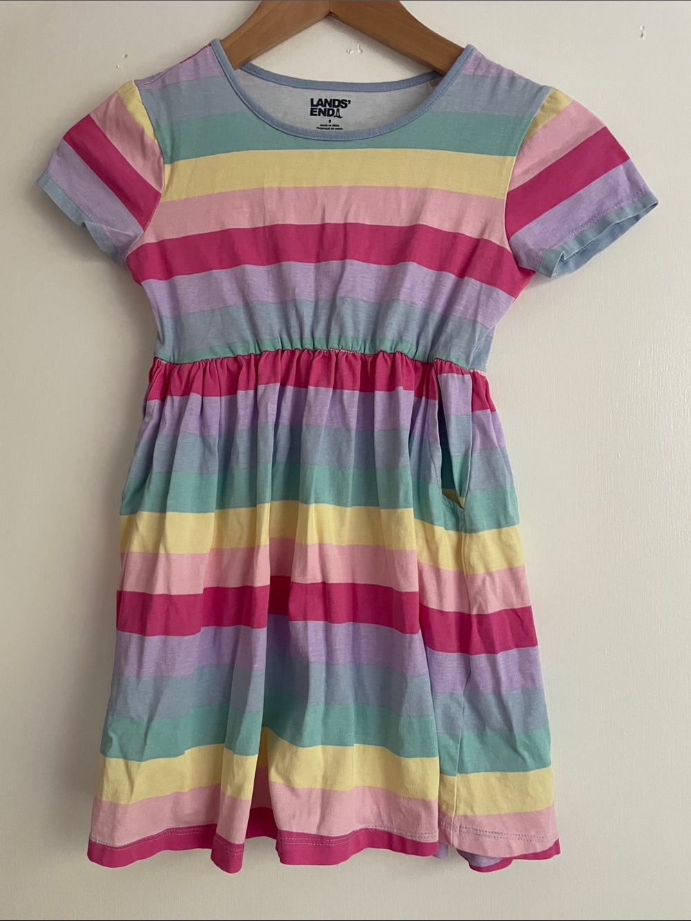 Lands' End Girls' Rainbow Stripe Short Sleeve Dress - Pink, Yellow, Mint